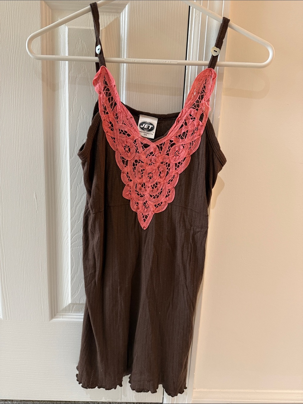 JET Brown Tank top with Pink Crochet Bib. Size O/S
